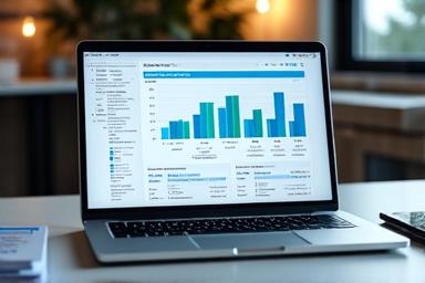 Useita raportteja ja kaavioita sisältävä tietokoneen näyttö, symboloiden vastuullisuusraportointia ja datan analysointia.